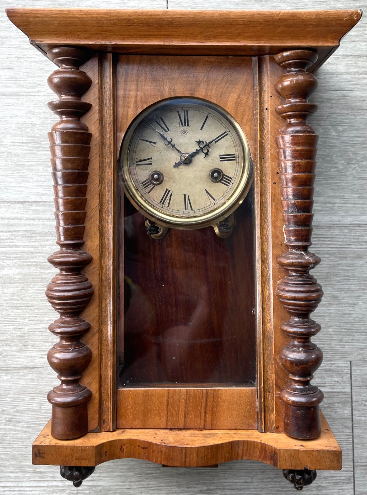 Antique Junghans German Large Wooden Wall Clock 17” H w/ Pendulum & Key REPAIR