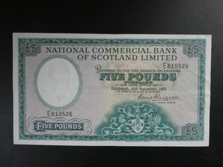 1959 NATIONAL COMMERCIAL BANK OF SCOTLAND £5 BANKNOTE ORIGINAL VF