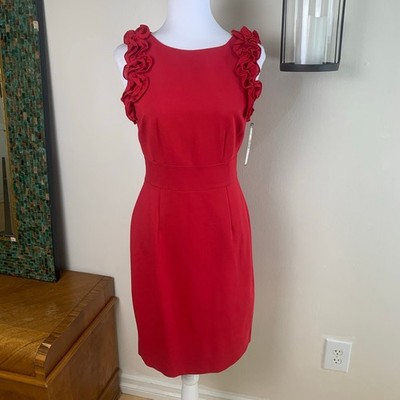 NEW Tahari ASL Size Ruffle Sleeve Scuba Stretch Sheath Dress Red