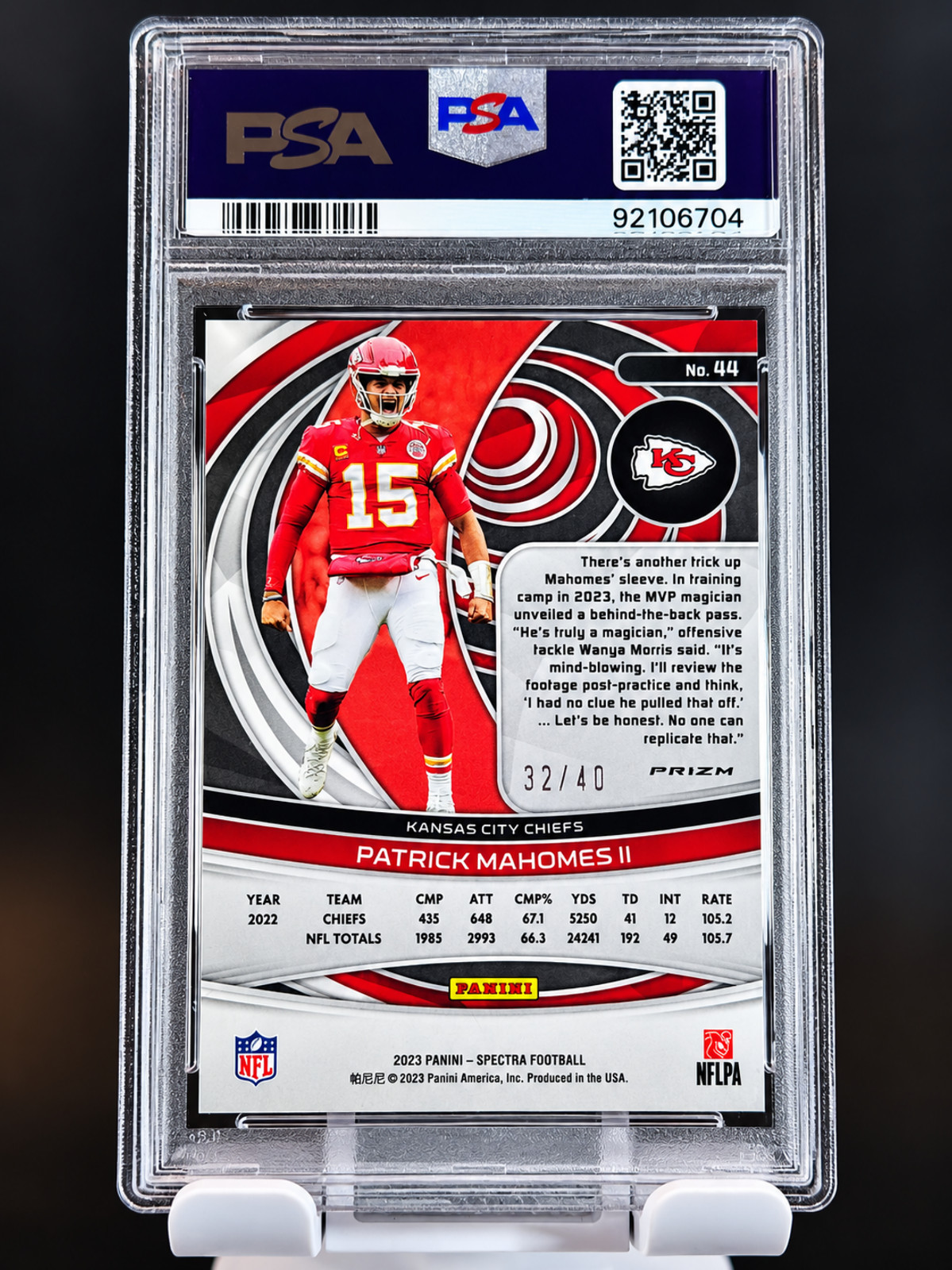 2023 Panini Spectra Patrick Mahomes II Astral Red Prizm /40 #44 PSA 9 Chiefs view 2