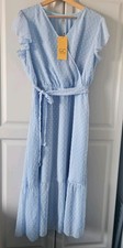 Grecerelle Blue Swiss Dot Maxi Dress XL BNWT Flutter Sleeve Lined Summer Wedding