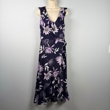 Vince Camuto Navy Floral Faux Wrap Midi Dress Ruffle Trim Purple Flowers Size 8