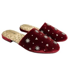 Birdies Women's Songbird Burgundy Velvet Crystal Mules Flat Slippers Size 6.5