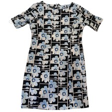 Alfani Petite 10P Black Blue White Floral Short Sleeve Sheath Dress Knee Length