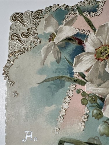 Antigua tarjeta victoriana de 1880 de una oferta de pascua troquelada cruz floral - Imagen 5 de 6