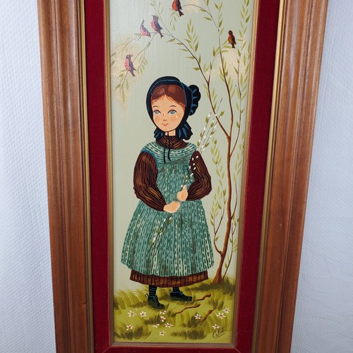 Pinturas originales firmadas de mediados de siglo de Lola Cabot Amish niño y niña 14 x 30" - Imagen 7 de 11