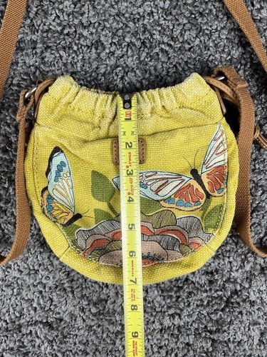 Fossil Yellow Drawstring Boho Hippie Canvas Butterfly Flower Leaves Purse Bag - Picture 3 of 8