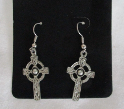 Celtic Cross Earrings in Silver Finish Hook Pierced 1 1/2 inch dangle ...