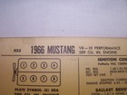 Vintage Sun Diagnostic/Spec Sheet 1966 FORD MUSTANG 289 "K" CODE HIPO — photo 2