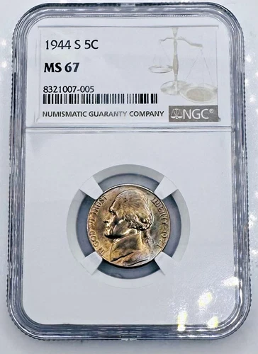 1944-S 5c Jefferson Nickel NGC MS67 🔥Toner🔥