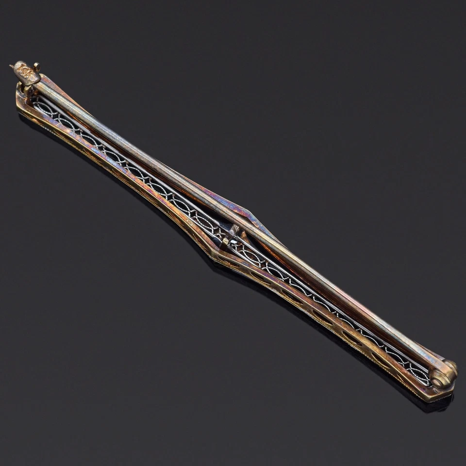 Broche broche antiguo de oro amarillo de 14 quilates y platino con barra de diamantes Foto 3 de 4