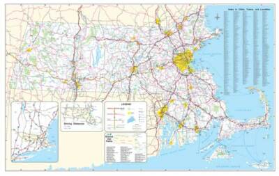 Massachusetts State Executive City-County Laminated Wall Map