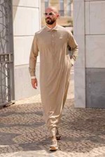 R24 LAWUNG Al-Ameer Adult Men's Thobe Modern Design Arabian Jubbah Dark Ivory