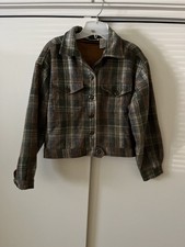 Vintage Erika Classics 90s Cropped Plaid Jacket Sz Pl Green Rust Gray White Coat