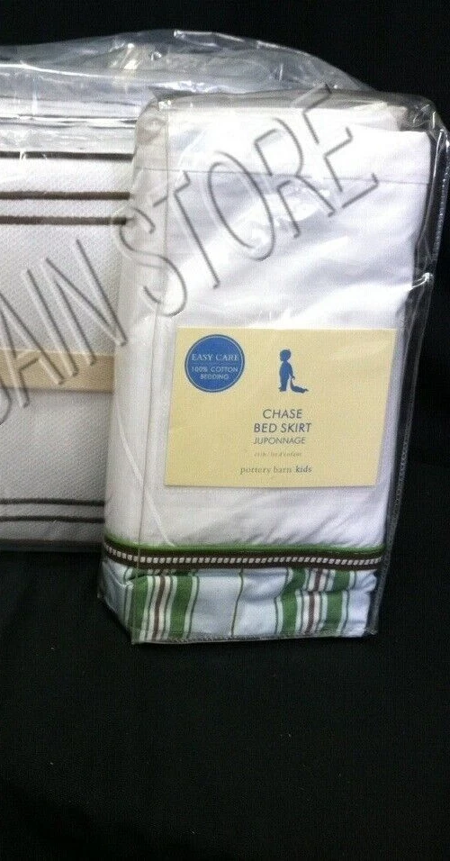 Pottery Barn Kids Pique Nursery Crib bedding brown green stripe Chase Skirt