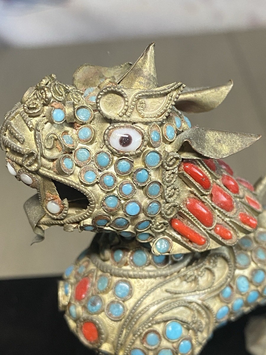 Vtg Tibetan Foo Dog Incense Burner Brass Filigree Turquoise Coral