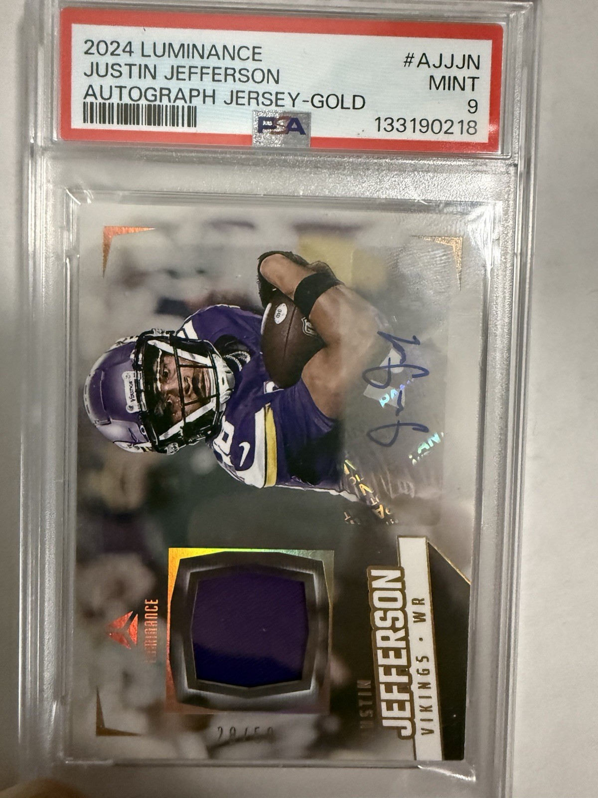 Panini 2024 Luminance Justin Jefferson Auto Jersey Gold /50 PSA 9