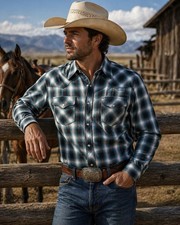 Wrangler Wrancher Pearl Snap Shirt Men 2XL Western Cowboy Blue Flannel Plaid