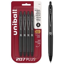 Uniball 207 Plus Medium Point Gel Pens Black Ink 0.7mm 4 Count Set
