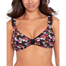 Skinny Dippers Dora Daisey Mae Bikini Top Black Floral Lace Ruffle Size L New
