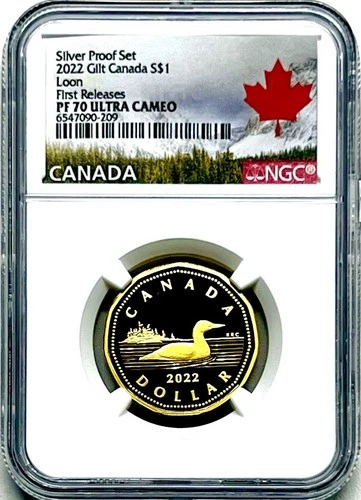 2022 $1 CANADA SILVER LOONIE 24K GOLD GILT NGC PF70 UCAM LOON FIRST RELEASES
