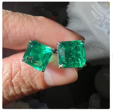 Natural Emerald Earrings,14K White Gold Plated, Emerald Birthstone Earrings