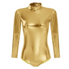 Women Shiny Metallic Long Sleeve Leotard Mock Turtleneck Piece Bodysuit for G...