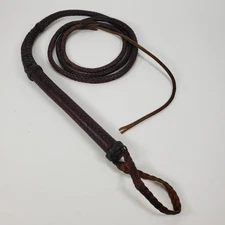 Vintage 10ft Hand Braided Traditional Leather Bull Whip Brown Stain 12" Handle