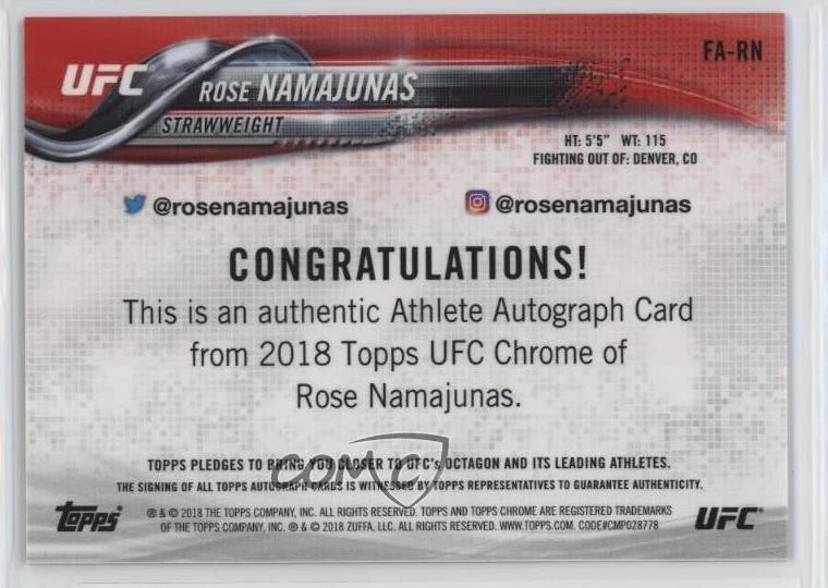 2018 Topps Chrome UFC Fighter Auto Rose Namajunas #FA-RN Auto - Image 2 of 2