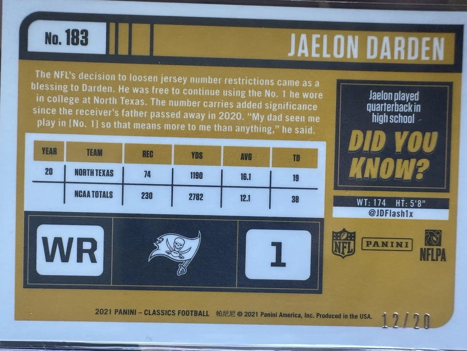 2021 Panini Classics Rookies Jaelon Darden #183 (RC) Green /20 - Image 2 of 2