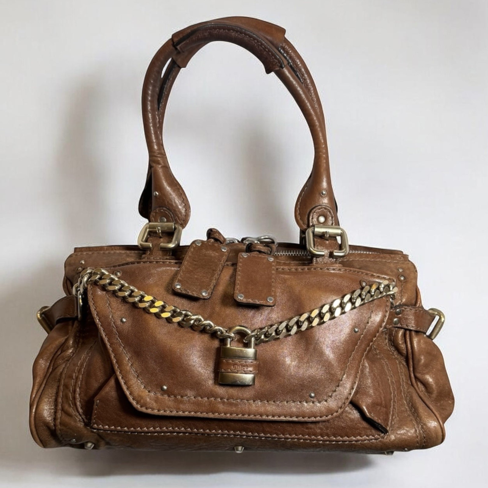 Authentic Chloé Paddington Shoulder Bag Tan Brown Leather Gold Hardware Lock Y2K