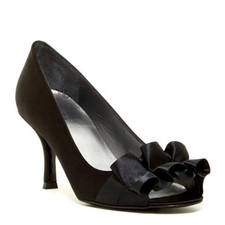 Stuart Weitzman Heels Pumps Satin Ruffle Bow Peep Toe Black 7 M