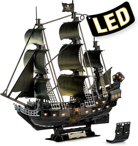 3D Puzzle for Adults Moveable LED Pirate Ship with Detailed Interior Black