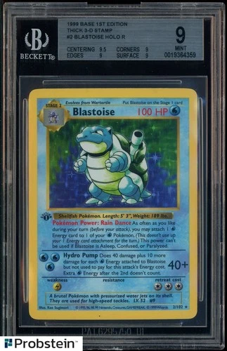 1999 Pokemon Base Set 1st Edition Shadowless 3-D Stamp #2 Blastoise Holo BGS 9