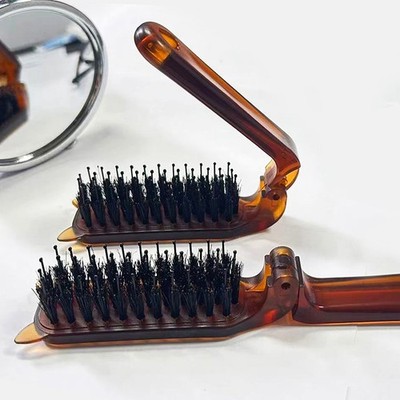 Amber Folding Comb Boar Bristle Hair Brush Portable Styling Tool Salon Travel