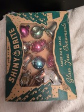 Small Vintage 1950 Shiny Brite Indent, Bell, Lantern Christmas Ornament Box Set