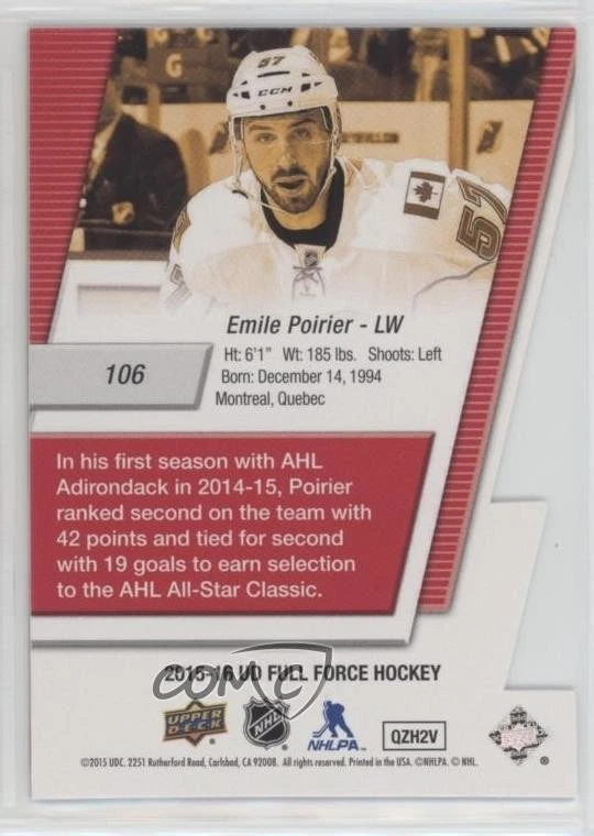 2015-16 Upper Deck Full Force 3D Freshman Die-Cut Emile Poirier #106 Rookie RC - Image 2 of 2