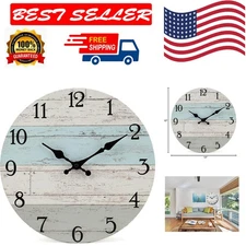 Silent 12-Inch Coastal Worn Blue Wooden Wall Clock - Vintage Rustic Decor