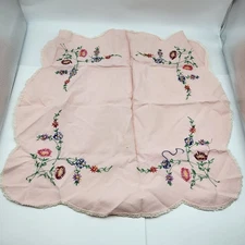 Lovely vintage hand embroidered flower floral pink small table cloth 