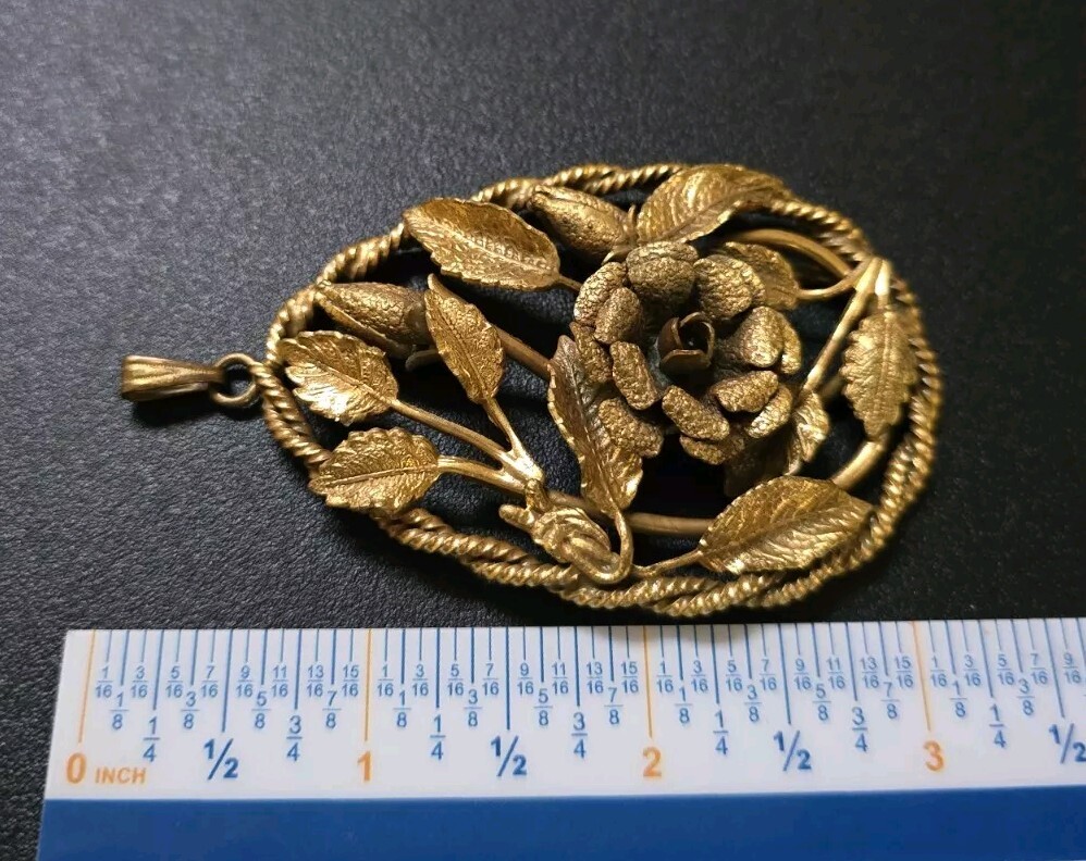 Antique Art Nouveau Brass Drop Pendant Necklace - image 3