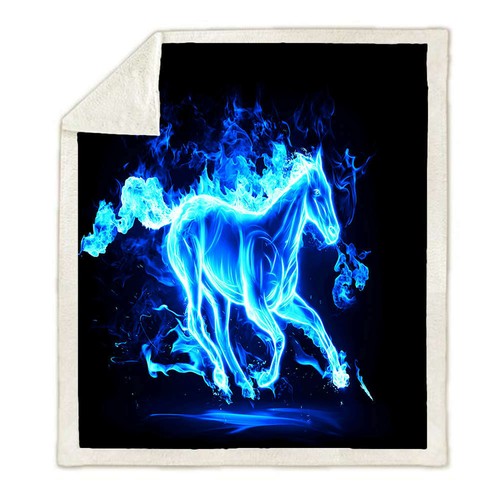 Blue Flame Galloping Horse 3D Warm Plush Fleece Blanket Picnic Sofa Couch - Imagen 2 de 4