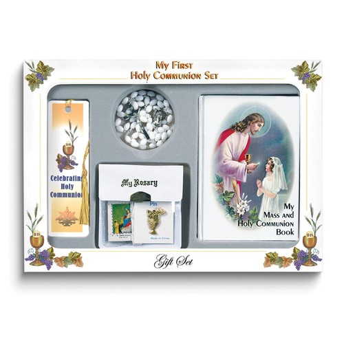 Girls First Holy Communion Gift Set with White Glass Bead Rosary