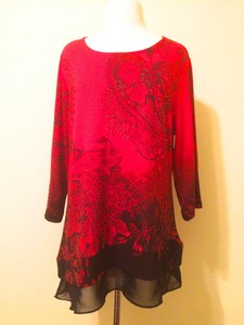 CJ-BANKS-58-NEW-RED-STUDDED-PAISLEY-3-4-SLV-CHIFFON-LAYER-TOP-SIZE-L