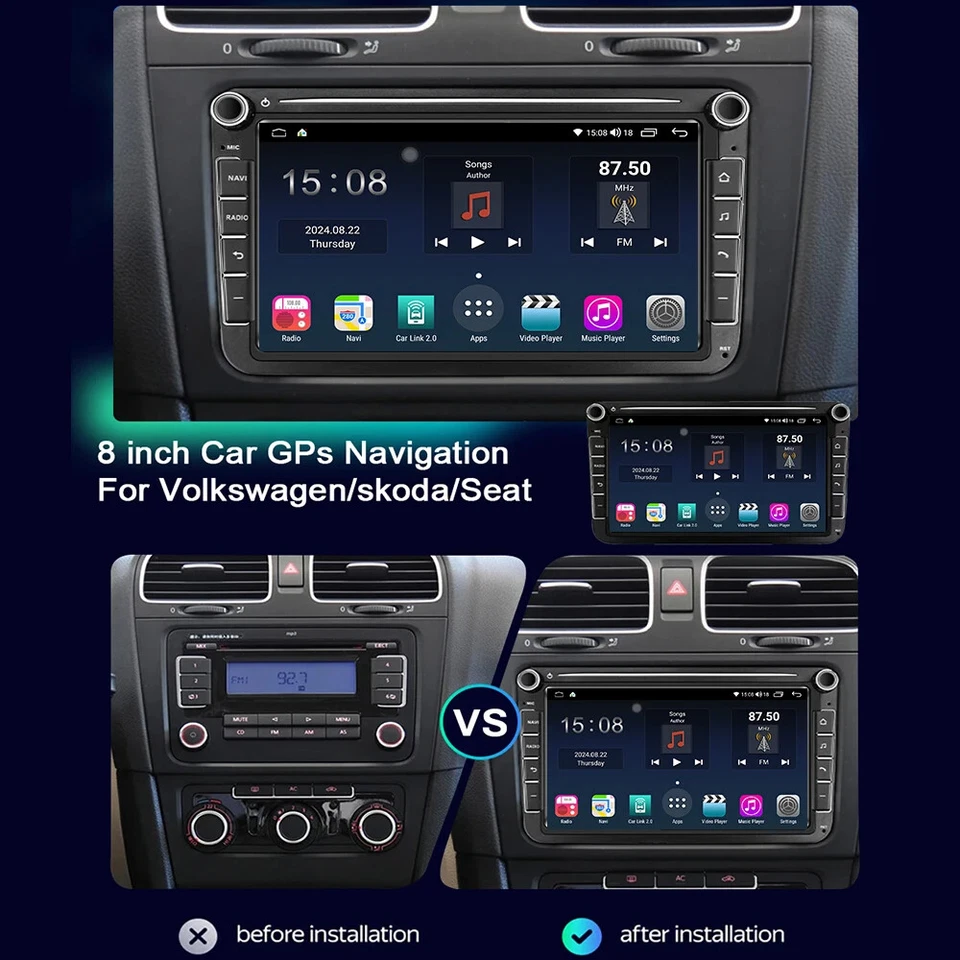8'' Car GPS Navigation For Volkswagen Golf Radio Android CarPlay Player Screen - Image 2 of 4