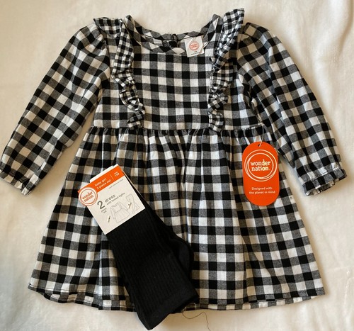 NWT Wonder Nation Girl's Size 12M Black White Gingham Dress Ruffles Tights Plaid - 第 1/8 張圖片
