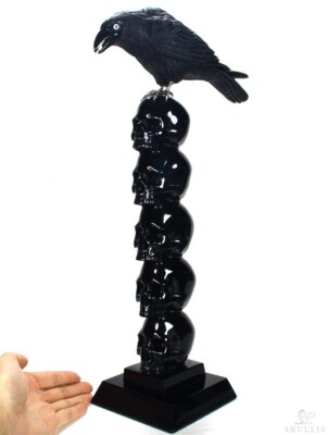 Ascendance - Black Obsidian & 925 Sterling Silver Carved Skulls and Raven with