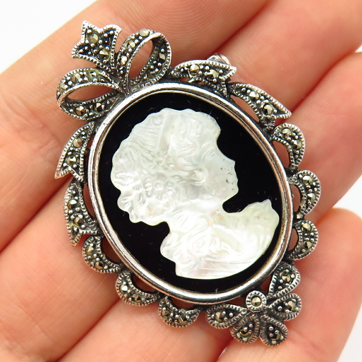 925 Sterling Black Onyx Marcasite Gem & MOP Cameo Victorian