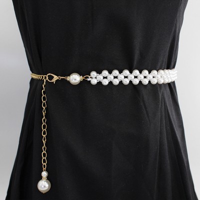 Elegant Pearl and Gold Chain Belt Amazon.com: Jeffdad Pearl Waist Chain Belt for Women, White  main image 2