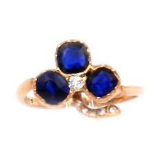 Antique Saphir Diamant Bague Feuille de Trèfle En 14K Or Um 1890 Fiançailles