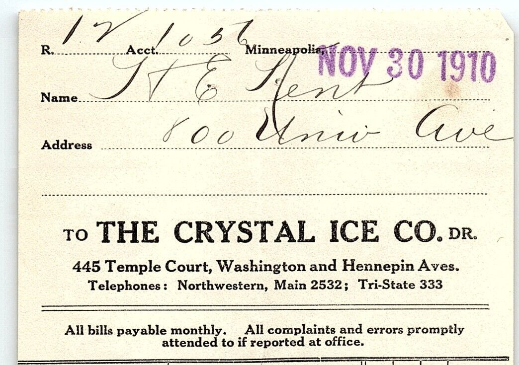 1910 CRYSTAL ICE CO 356 TEMPLE COURT WE SELL LAKE ICE ONL INVOICE BILLHEAD Z7061